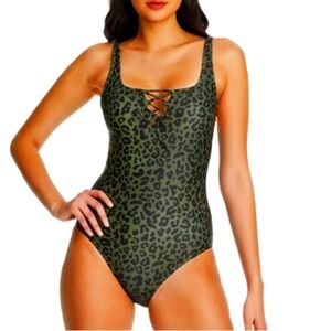 SANCTUARY Tie Front Hunter Green & Black Leopard Print I Piece Swimsuit NWT